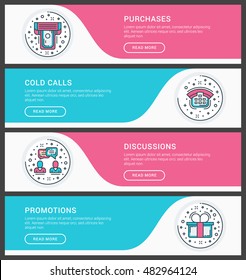 Set of flat line business website banner templates. Vector illustration. Modern thin line icons in circle. Purchases, Cold Calls, Discussion, Promotions