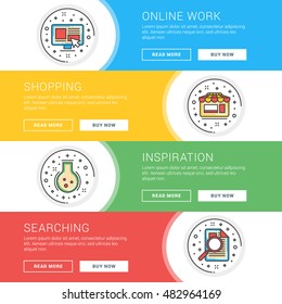 Set of flat line business website banner templates. Template for wesite headers. Vector illustration. Modern thin line icons in circle. Online Work, Shopping, Inspiration, Information Search