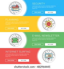 Set of flat line business website banner templates. Template for wesite headers. Vector illustration. Modern thin line icons in circle. Currency Protection, Planning, E-mail Newsletter, Internet 