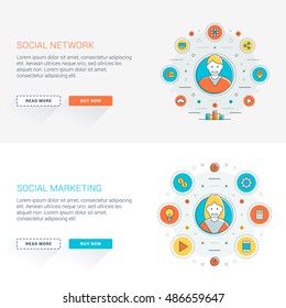 Set of flat line business website banner templates. Vector illustration. Modern thin line icons in circle. Web buttons with long shadow. Social network. Social marketing