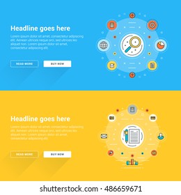 Set of flat line business website banner templates. Vector illustration. Business concept for website banners. Modern thin line stroke icons in circles