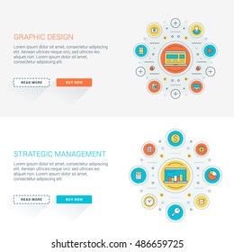 Set of flat line business website banner templates. Vector illustration. Modern thin line icons in circle. Web buttons with long shadow. Graphic design. Strategic management