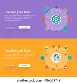 Set of flat line business website banner templates. Vector illustration. Business concept for website banners. Modern thin line stroke icons in circles