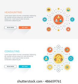 Set of flat line business website banner templates. Vector illustration. Modern thin line icons in circle. Web buttons with long shadow. Headhunting. Consulting