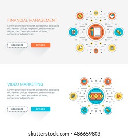 Set of flat line business website banner templates. Vector illustration. Modern thin line icons in circle. Web buttons with long shadow. Financial management. Video marketing