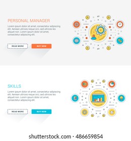 Set of flat line business website banner templates. Vector illustration. Modern thin line icons in circle. Web buttons with long shadow. Personal management. Skills