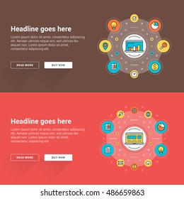 Set of flat line business website banner templates. Vector illustration. Business concept for website banners. Modern thin line stroke icons in circles