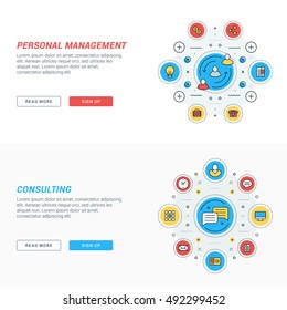 Set of flat line business website banner templates. Vector illustration. Modern thin line icons in circle. E-learning. Online consulting