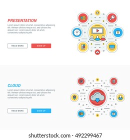 Set of flat line business website banner templates. Vector illustration. Modern thin line icons in circle. Presentation. Cloud storage