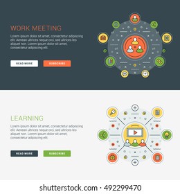 Set of flat line business website banner templates. Vector illustration. Modern thin line icons in circle. Illustration Concepts for Web Banners and Promotional Materials. Work meeting. Learning