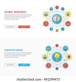 Set of flat line business website banner templates. Vector illustration. Modern thin line icons in circle. Global research. Creative ideas