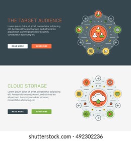 Set of flat line business website banner templates. Vector illustration. Modern thin line icons in circle. Illustration Concepts for Web Banners and Promotional Materials. The target audience. 