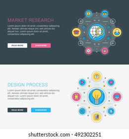 Set of flat line business website banner templates. Vector illustration. Modern thin line icons in circle. Illustration Concepts for Web Banners and Promotional Materials. Market research. 