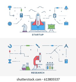 Set of flat line business website banner templates. Startup. Research. Vector illustration concept for web banners and promotional materials.