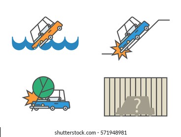 Set of flat line car insurance illustrations featuring tree falling on automobile, vehicle drowning in the water and falling from the abyss, and single auto theft.