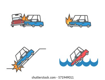Set of flat line car insurance illustrations featuring automobile collision, vehicle drowning in the water and falling from the abyss, and single auto on fire.