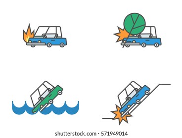 Set of flat line car insurance illustrations featuring tree falling on automobile, vehicle drowning in the water and falling from the abyss, and single auto on fire.