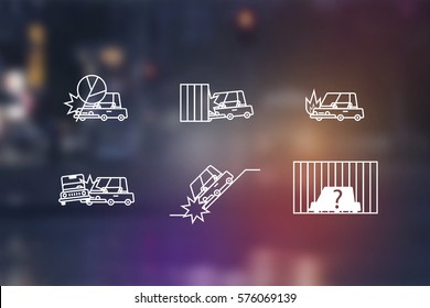 Set of flat line car insurance infographic illustrations: road collision, vehicle hitting the wall, single auto on fire and stolen automobile and more traffic situations on blurry photo background.