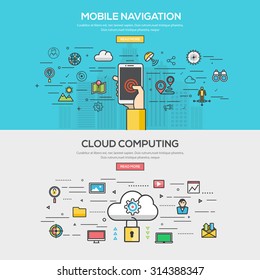 Set of Flat Line Color Banner Design Concept for Mobile Navigation and Cloud Computing. Vector