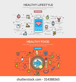 Set of Flat Line Color Banner Design Concept for Healthy Lifestyle and Healthy Food. Vector