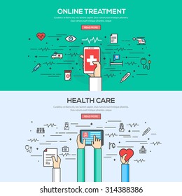 Set of Flat Line Color Banner Design Concept for Online Treatment and Health care. Vector