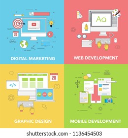 Set of Flat Line Color Banners Design Concept for Digital Marketing and Mobile Development. Vector
