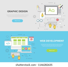 Set of Flat Line Color Banners Design Concept for Graphic Design and Web Development. Vector
