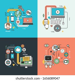 Set of Flat Line Color Banners Design Concept for Social Network and Social Media. Vector