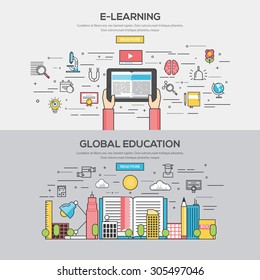 Set of Flat Line Color Banners Design Concept for E learning and Global Education. Vector