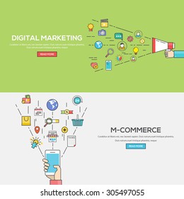 Set of Flat Line Color Banners Design Concept for Digital Marketing and M-Commerce. Vector