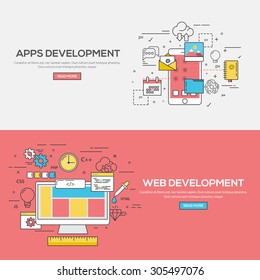 Set of Flat Line Color Banners Design Concept for Apps Development and Web Development. Vector