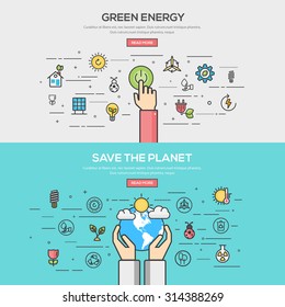 Set of Flat Line Color Banners Design Concept for green energy and save the planet. Vector