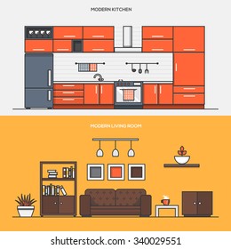 Conjunto de Banners en Color Plano Diseñan Conceptos para Cocina Moderna y Sala de Estar Moderna. Vector
