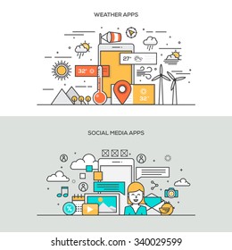Set of Flat Line Color Banners Design Concepts for Weather apps and Social Media apps. Vector