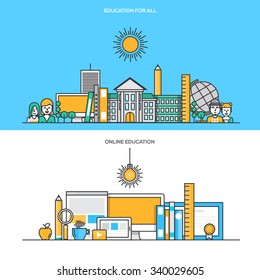 Set of Flat Line Color Banners Design Concepts for Education for all and Online Education. Vector