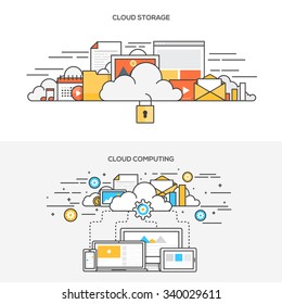 Set Of Flat Line Color Banners Design Concepts For Cloud Storage And Cloud Computing. Vector