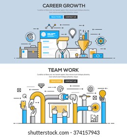 Set of Flat Line Color Banners Design Concepts for Career Growth and Team Work. Vector