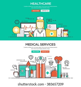 Set of Flat Line Color Banners Design Concepts for Healthcare and Medical Services. Vector