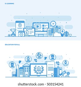 Set of Flat Line Color Banners Design Concepts for E Learning and Education for all. Concepts web banner and printed materials. Vector Illustration