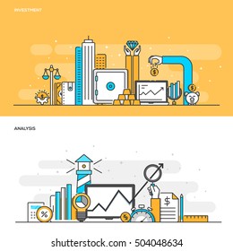 Set of Flat Line Color Banners Design Concepts for Investment and Analysis. Concepts web banner and printed materials. Vector Illustration