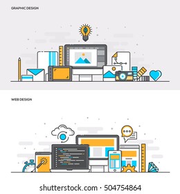 Conjunto de Banners de color de línea plana Diseño Conceptos para diseño gráfico y diseño web. Banner web de conceptos y materiales impresos. Ilustración vectorial
