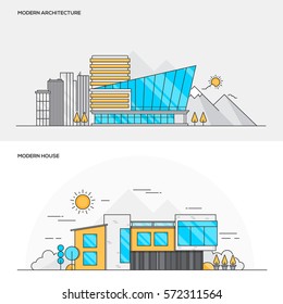 Conjunto de Banners de Color Planos Conceptos de Diseño para Arquitectura Moderna y Casa Moderna. Banner web de conceptos y materiales impresos. Ilustración vectorial