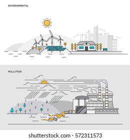 Set of Flat Line Color Banners Design Concepts for Environmental and Pollution. Concepts web banner and printed materials. Vector Illustration