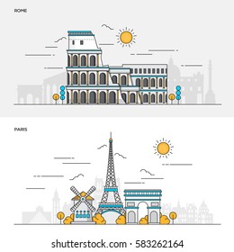 Set of Flat Line Color Banners Design Concepts for City of Rome and Paris. Concepts web banner and printed materials. Vector Illustration