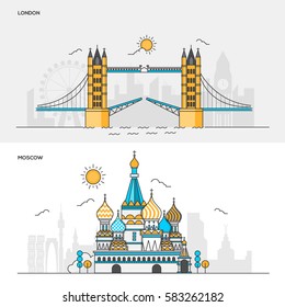 Set of Flat Line Color Banners Design Concepts for City of London and Moscow. Concepts web banner and printed materials. Vector Illustration