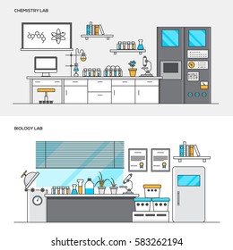 Set of Flat Line Color Banners Design Concepts for Modern Chemistry and Biology Laboratory. Concepts web banner and printed materials. Vector Illustration