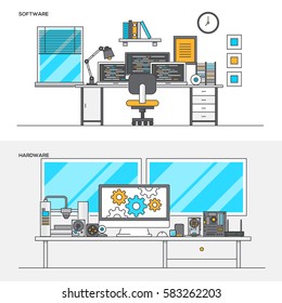 Set of Flat Line Color Banners Design Concepts for Software and Hardware. Concepts web banner and printed materials. Vector Illustration