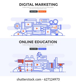 Set of Flat Line Color Banners Design Concepts for Digital Marketing and Online education. Concepts web banner and printed materials. Vector Illustration