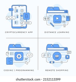 A set of  flat line concept illustrations of  web browser windows and phone screen with various icons devoted to online shopping, distance learning, coding and programming and cryptocurrency app.