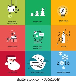 Set of flat line design Christmas and New Year greeting cards and elements for website banners, badges and marketing material.